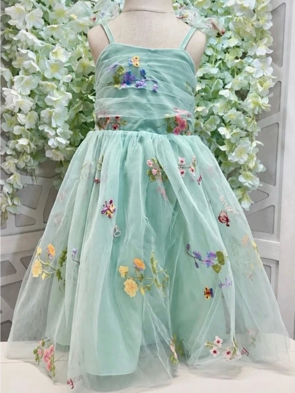 Mint Floral Embroidered Tulle Girls' Party Dress